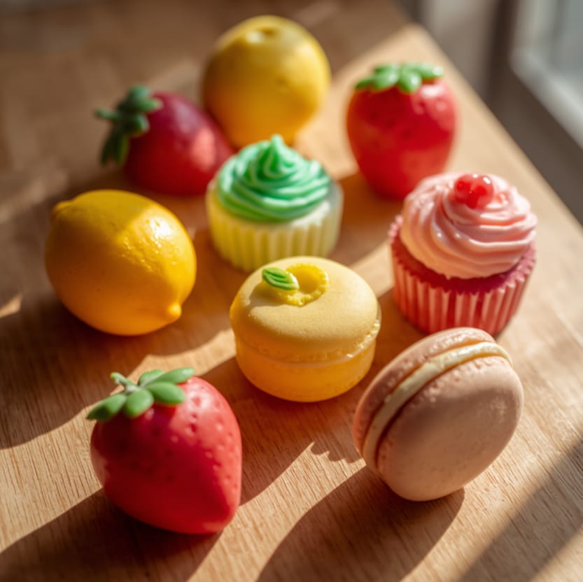 Jabones artesanales con formas de frutas, cupcakes y macaronis
