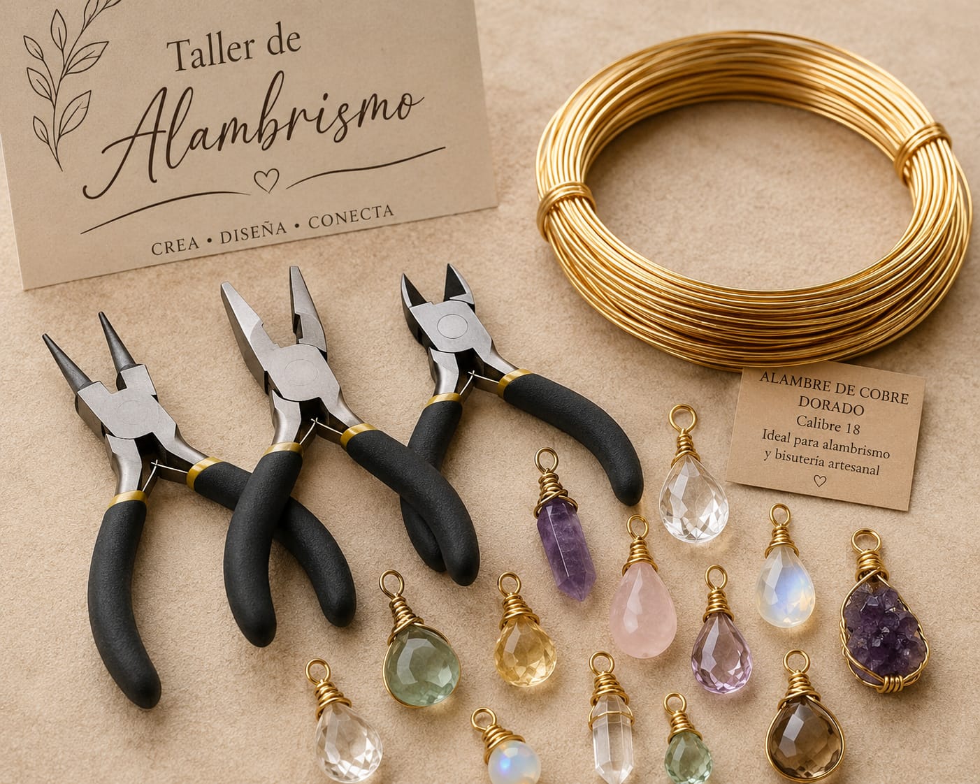 Promoción de taller de alambrismo con alicates, alambre y piedras