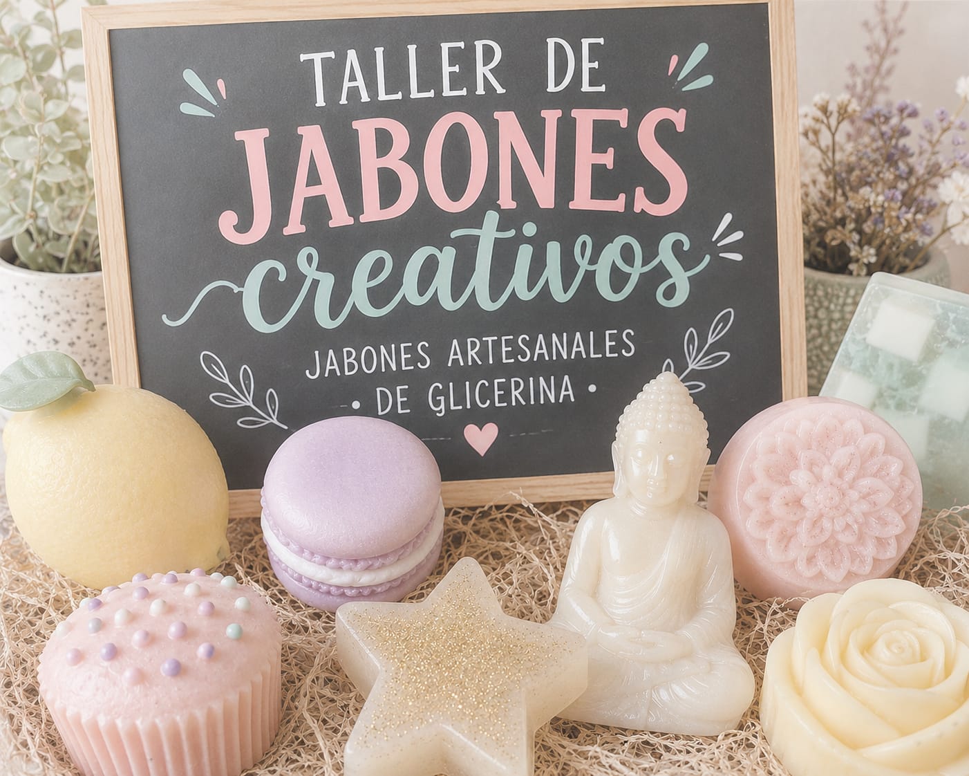 Promoción de taller de jabones con forma de macaronis